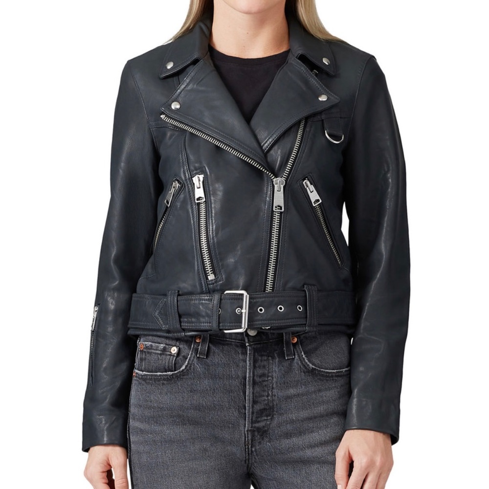 Blue All Saint Gidley Leather Biker Jacket - Picture 2 of 8